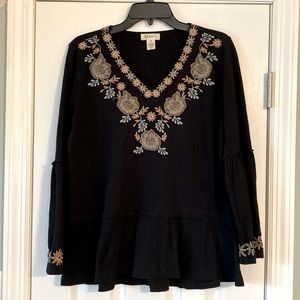STYLE&CO Blouse-Black with Gray/Gold/Blue Embroidered Flowers Size Petite Med